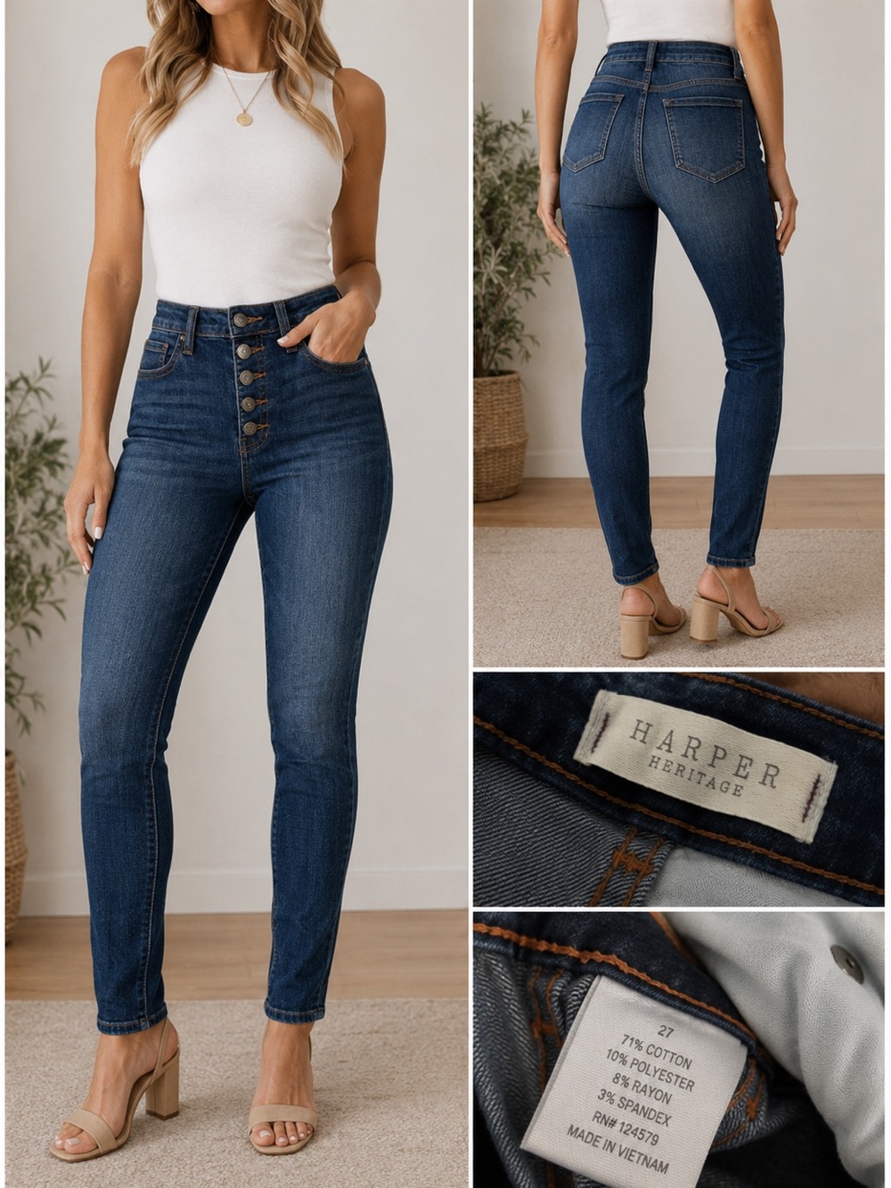 Harper Heritage NWOT High Rise Button Fly Skinny Jeans Dark Wash Size 27